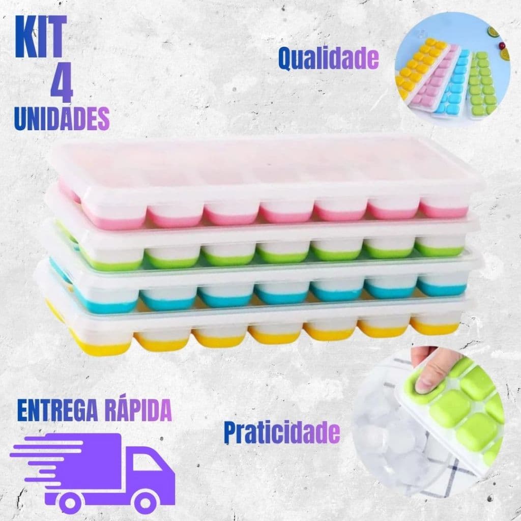 Kit 4 Formas de Gelo Silicone com Tampa Desenformar Fácil Cubos para Freezer