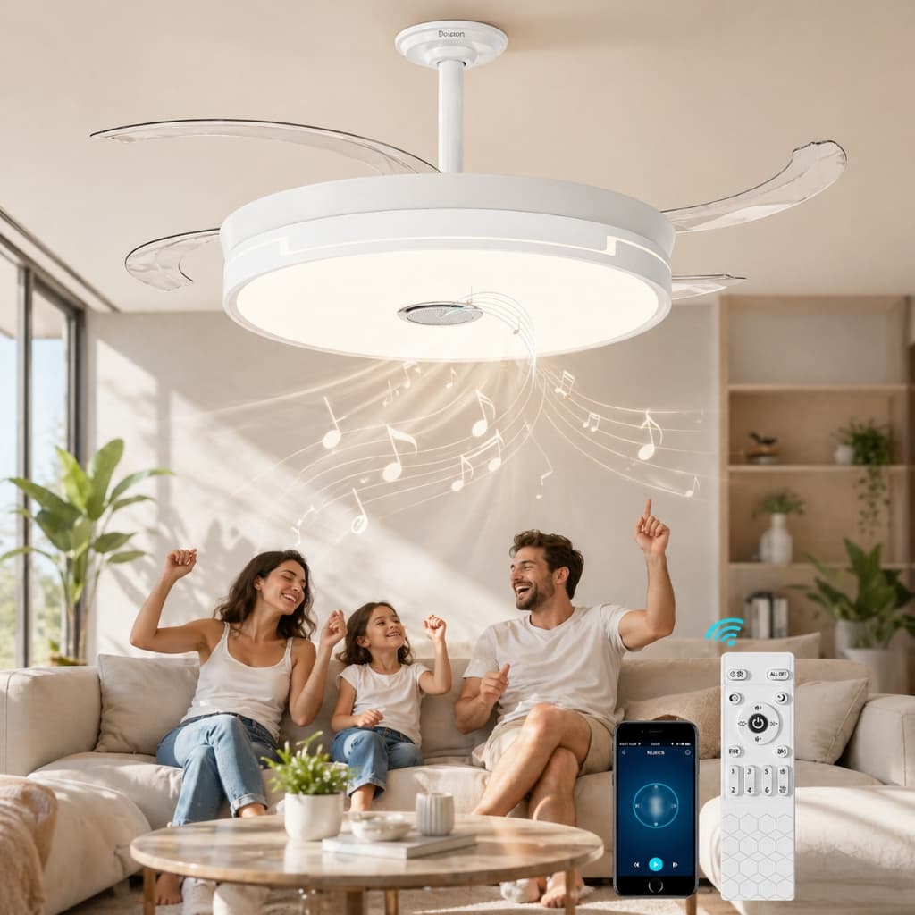 Ventilador de Teto LED Retrátil Reversível com Música Controle Remoto Bivolt Silencioso Moderno