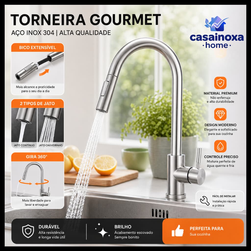 Torneira Gourmet Inox 304 Com Spray Extensível 360° Alta Pressão Cozinha Moderna