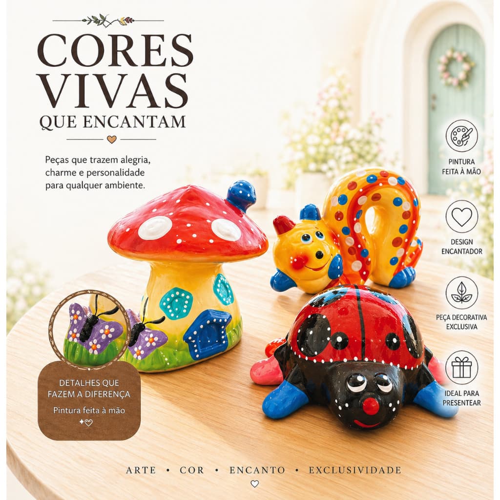 Enfeite de Jardim Cerâmica Kit 3 Peças Joana Minhoca Cogumelo Casa Quintal Decoração de Area Externa