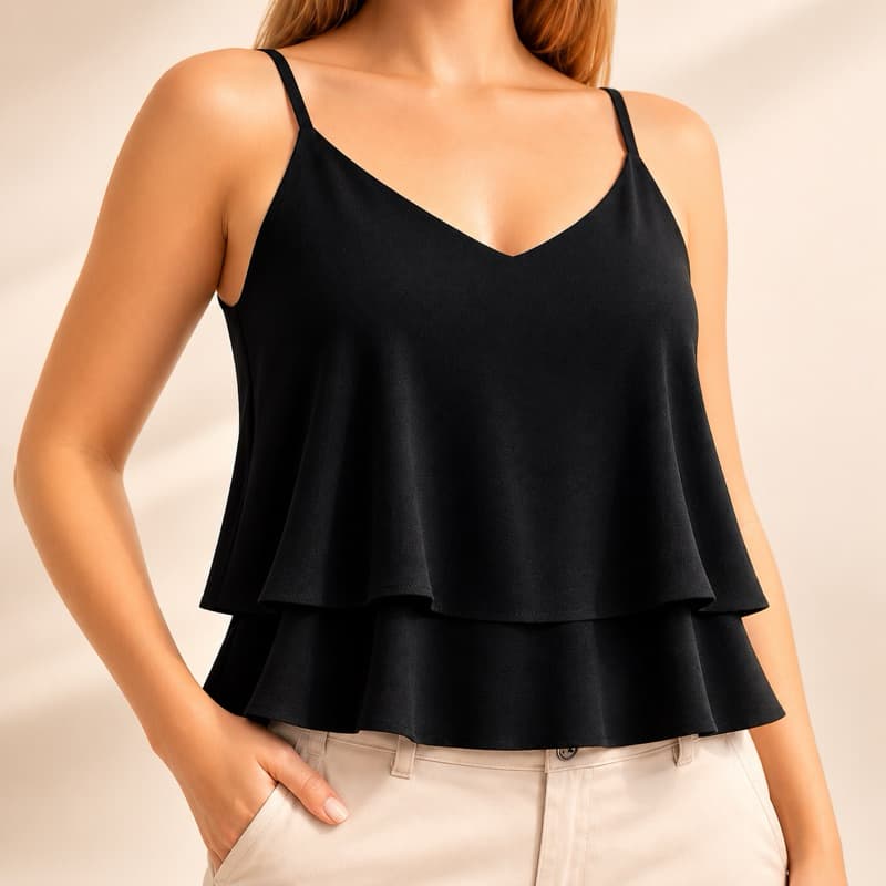 Blusinha feminina de alcinha 2 babado decote V cropped Duna