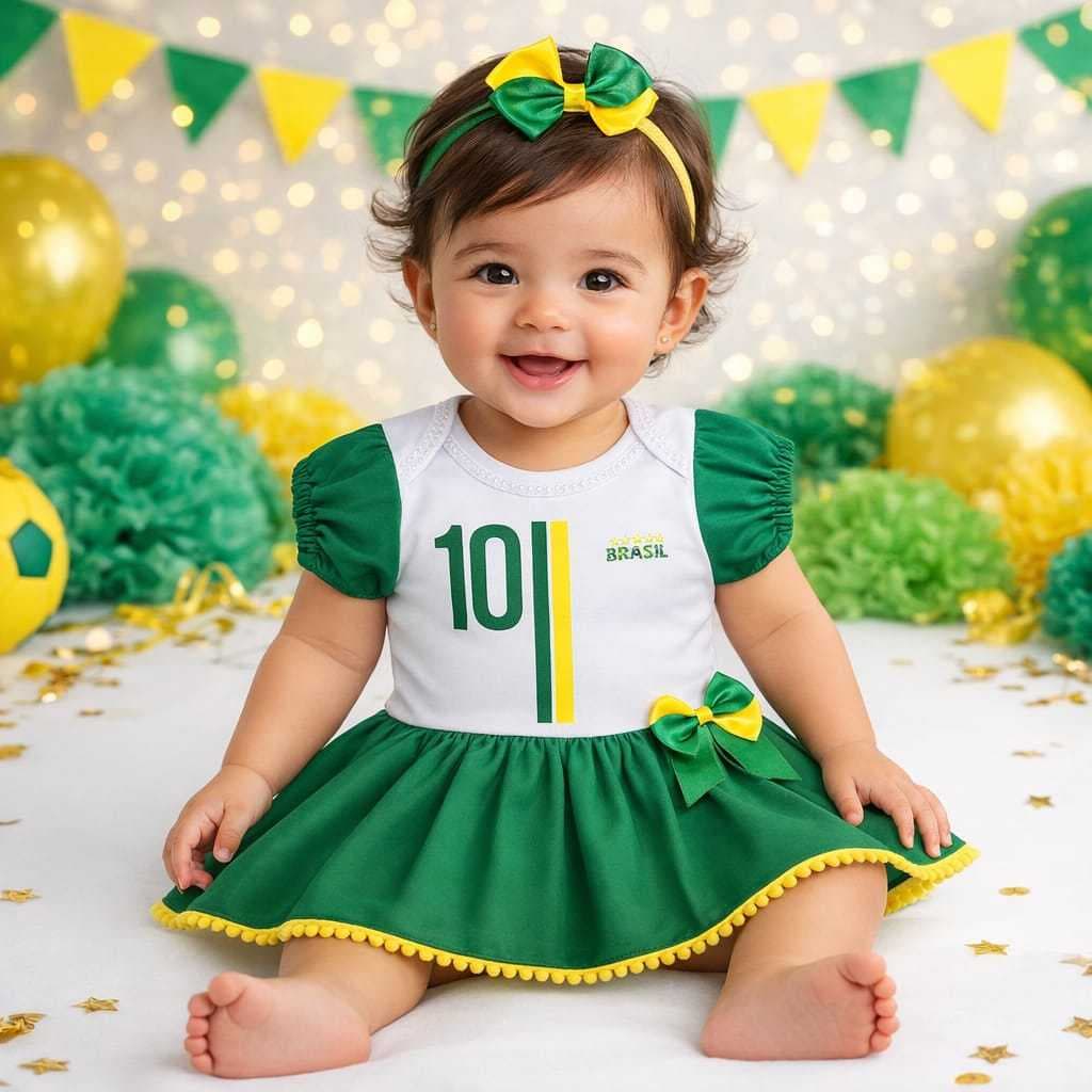 Body de Copa do Mundo do Brasil Minha Primeira Copa Seleção Brasileira Roupa do Brasil Vestido Craque Infantil Conjunto