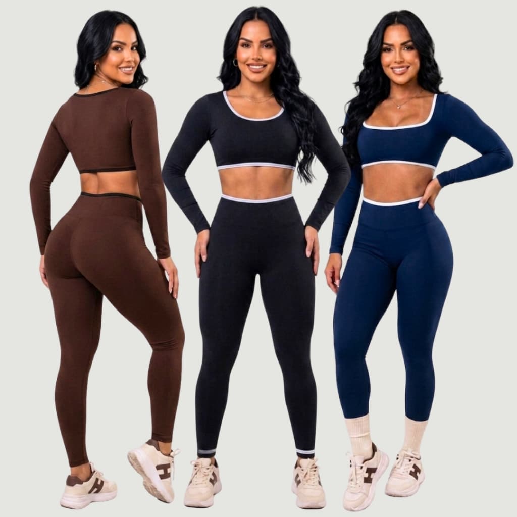 Conjunto Feminino Fitness Top Manga longa e Calça Cintura Alta Suplex Premium
