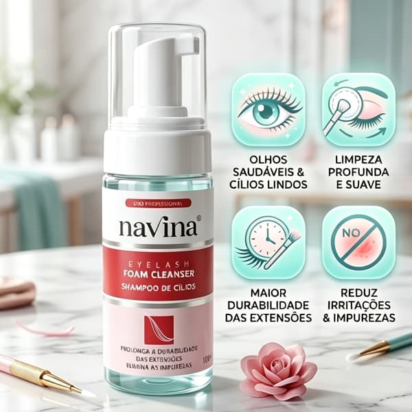 Navina Shampoo Para Limpeza E Higienização de Cílios 50/100ml - Evelash Foam Cleaner Profissional