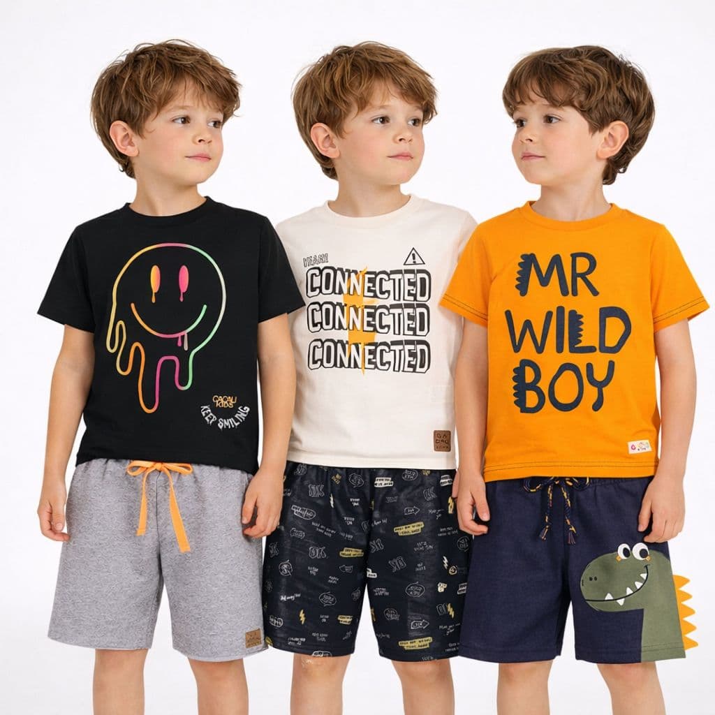 Kit 3 Conjuntos Infantil Menino Verão Camiseta e Bermuda - 6 Peças | 01 ao 14 Anos