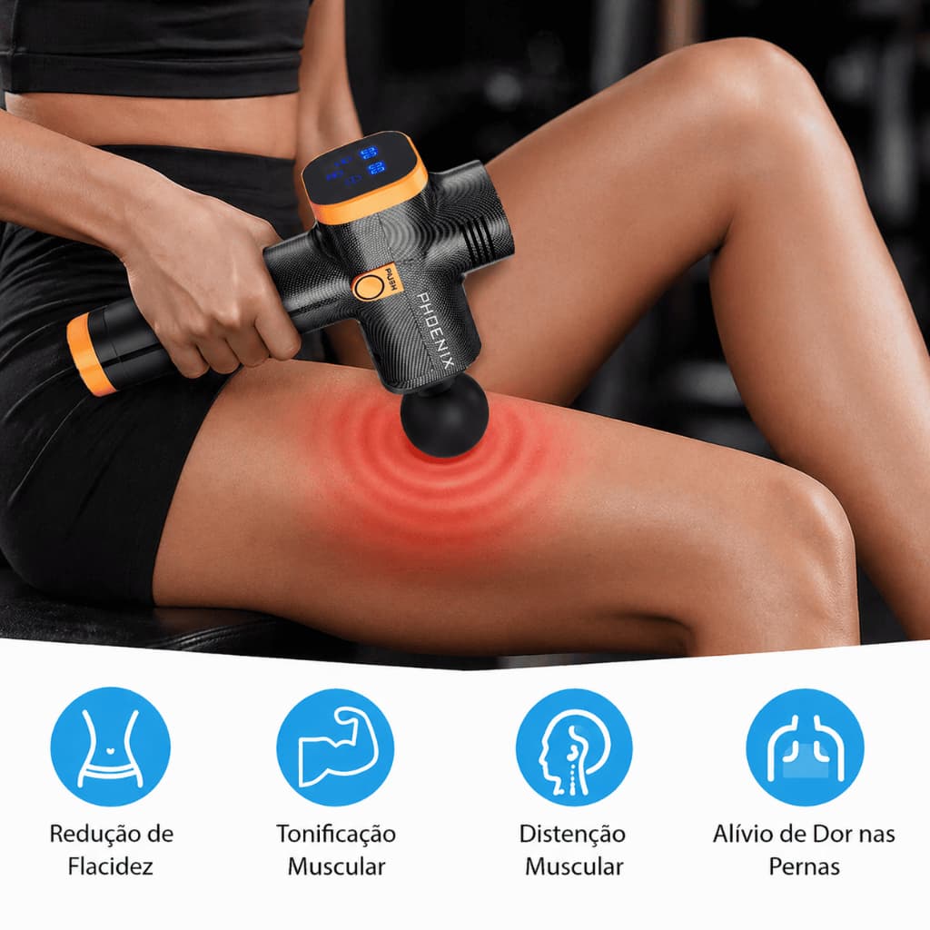 Pistola Massageadora Profissional Recarregável LCD 30 Níveis de Intensidade + 6 Ponteiras para Alívio Muscular