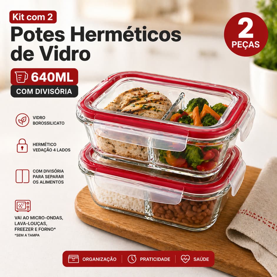 Kit 2 Marmitas de Vidro Hermético 640ml com Divisória | Vedação 4 Lados | Não Vaza | Micro-ondas e Freezer