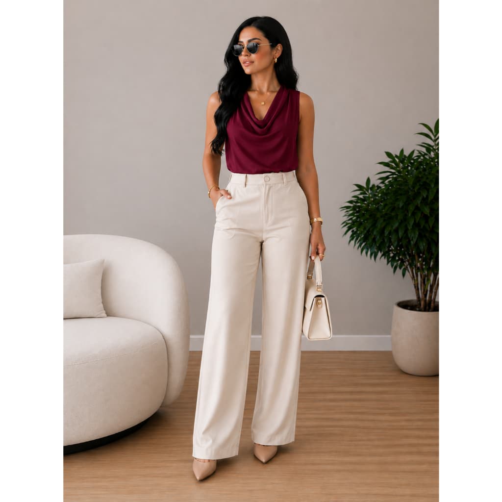 Conjunto Feminino Elegante Calça Pantalona Cintura Alta e Blusa Gola Boba