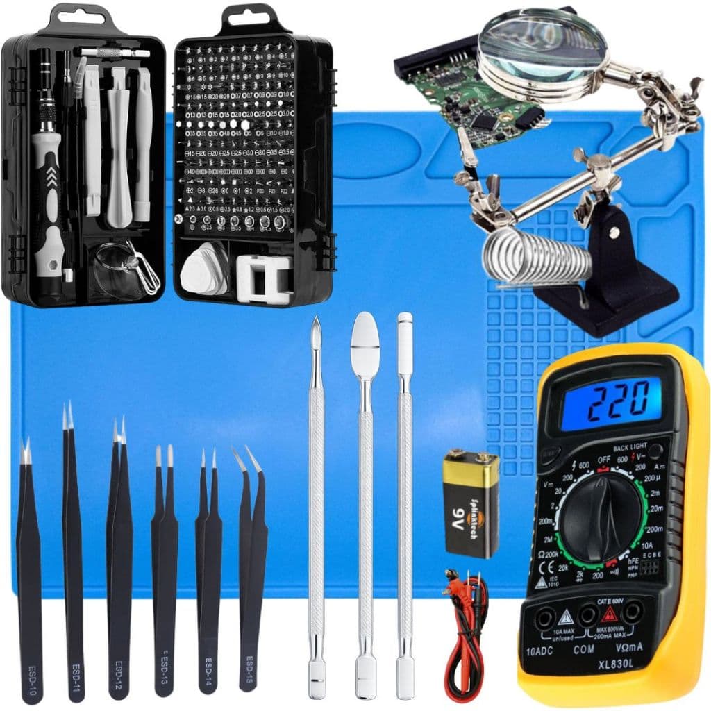 Kit Completo Manutenção Eletrônica Celulares – Ferramentas de Precisão + Multímetro + Suporte com Lupa
