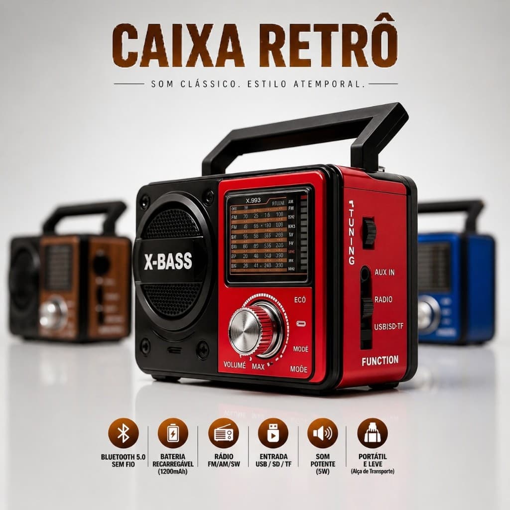 Caixa Som Retro Vintage Bluetooth Portatil USB FM Radio Lanterna Recarregavel Som Potente