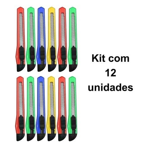 Estilete Multiuso Escolar Escritorio Kit estilete c/12 Pequeno 9mm Cores Aleatórias Escolar
