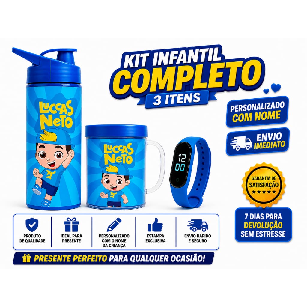 Lucas Neto Garrafa Copo e Relógio Digital Infantil - Presente Aniversário com Nome da Criança Full
