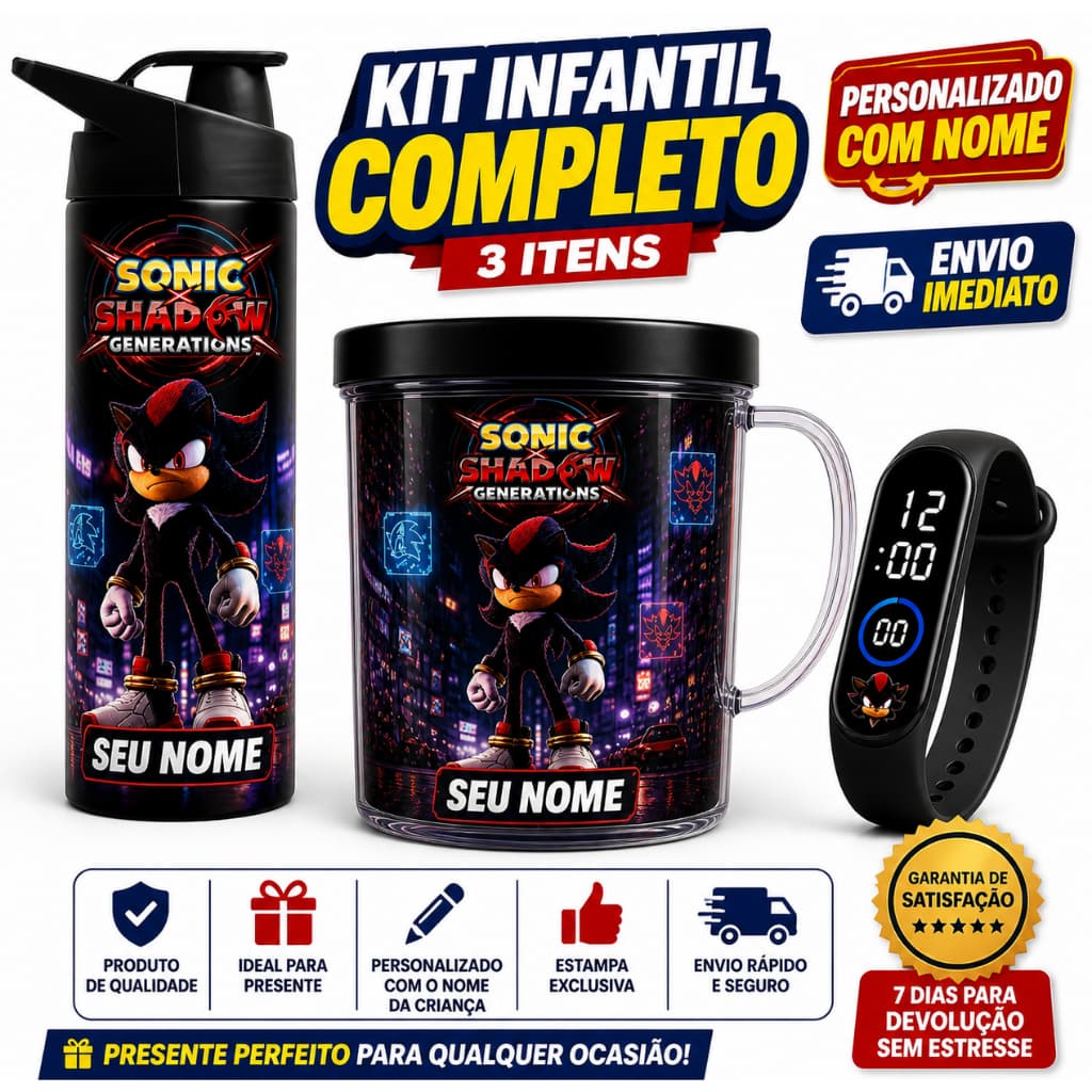 Shandow SONIC 3 - Garrafa Copo e Relógio Digital Infantil - Presente Aniversário com Nome da Criança