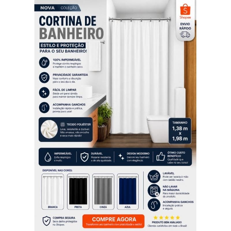 Cortina P/Box de Tecido Poliéster com Ganchos Elegância e Praticidade no Banheiro Tamanho 138x198cm