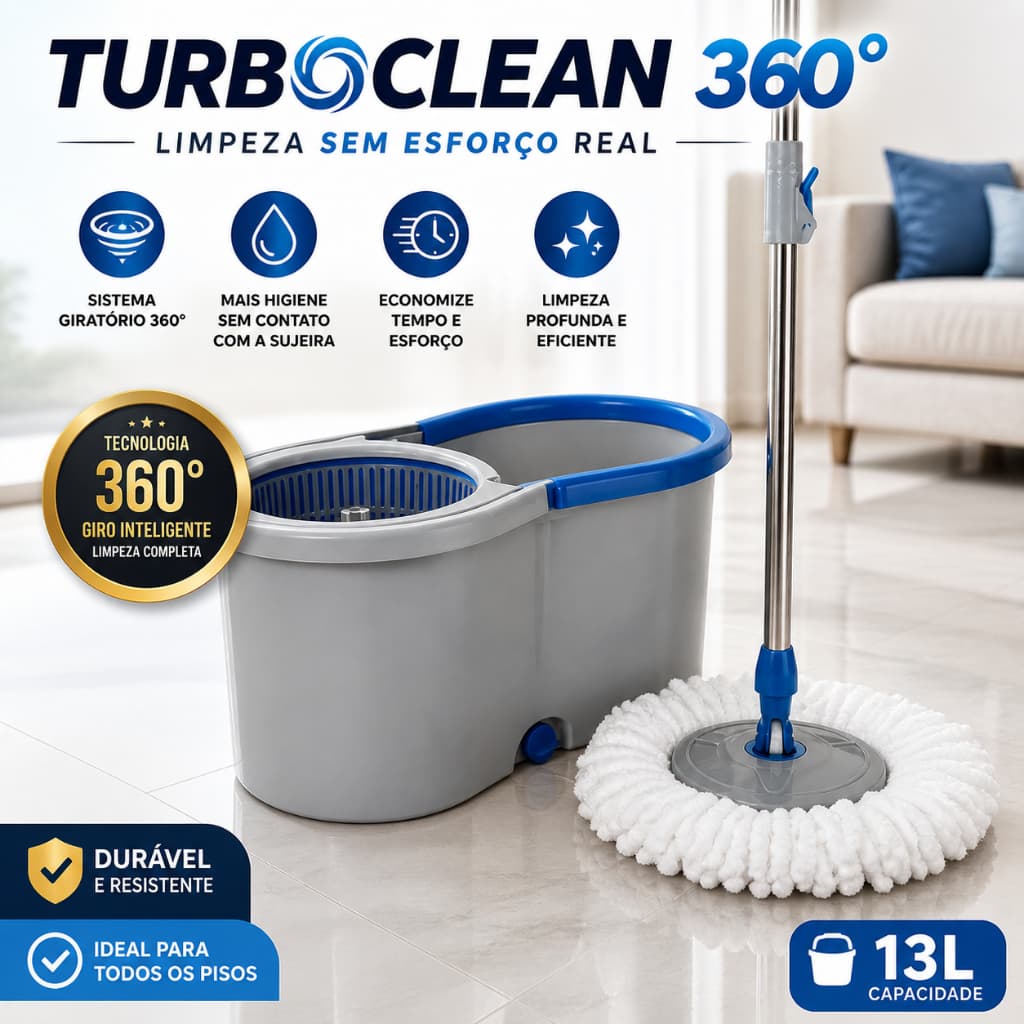 Mop Giratório TurboClean 360° Balde 13L Esfregão Limpeza Fácil Sem Esforço Profissional