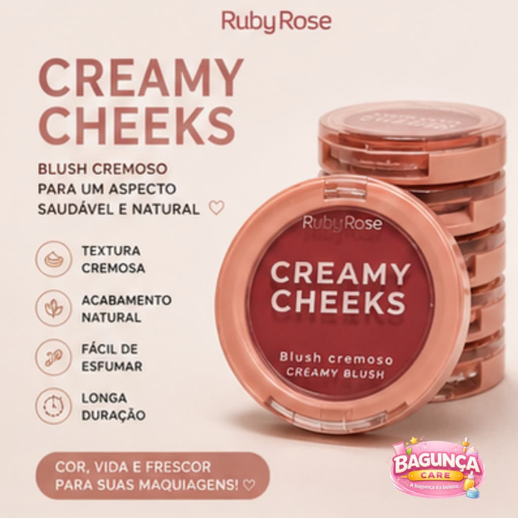 Blush Cremoso Creamy Cheeks Ruby Rose– Efeito Natural, Fácil de Esfumar e Longa Duração