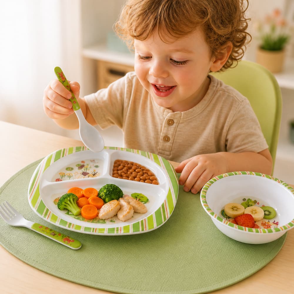 Kit Utensílios Prato C/ Divisória Para Bebê Criança Cumbuca Tigela Bowl Talher  Infantil Varias Estampas Animais 4 peças