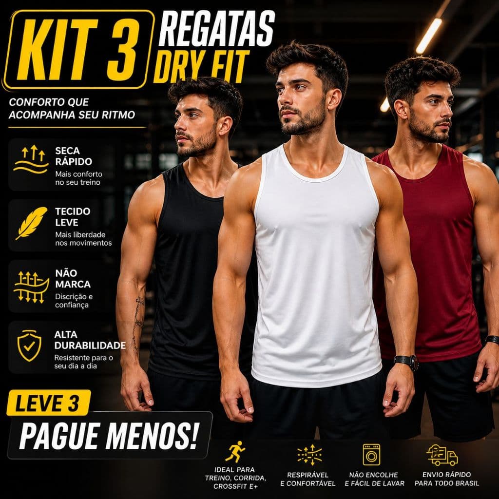 Kit 3 Regatas Academia Masculina / Dry Fit Treino / Corrida / Cross