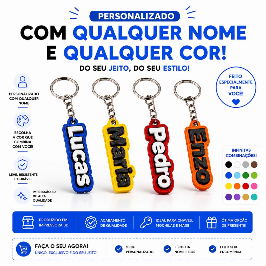 Chaveiros Personalizados Com Nome Alto Relevo 3D colorido