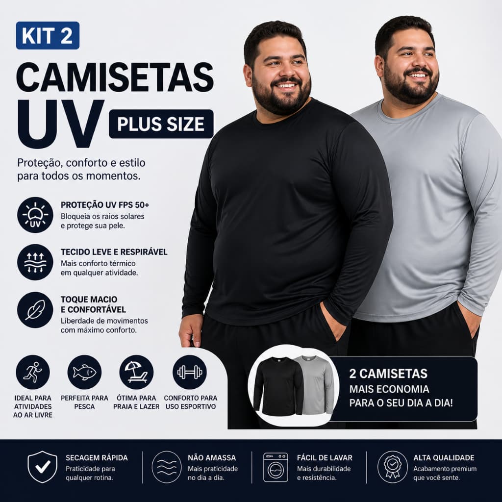 Kit 2 Camisas Térmicas M ao G5 Masculinas UV 50+ Segunda Pele Academia