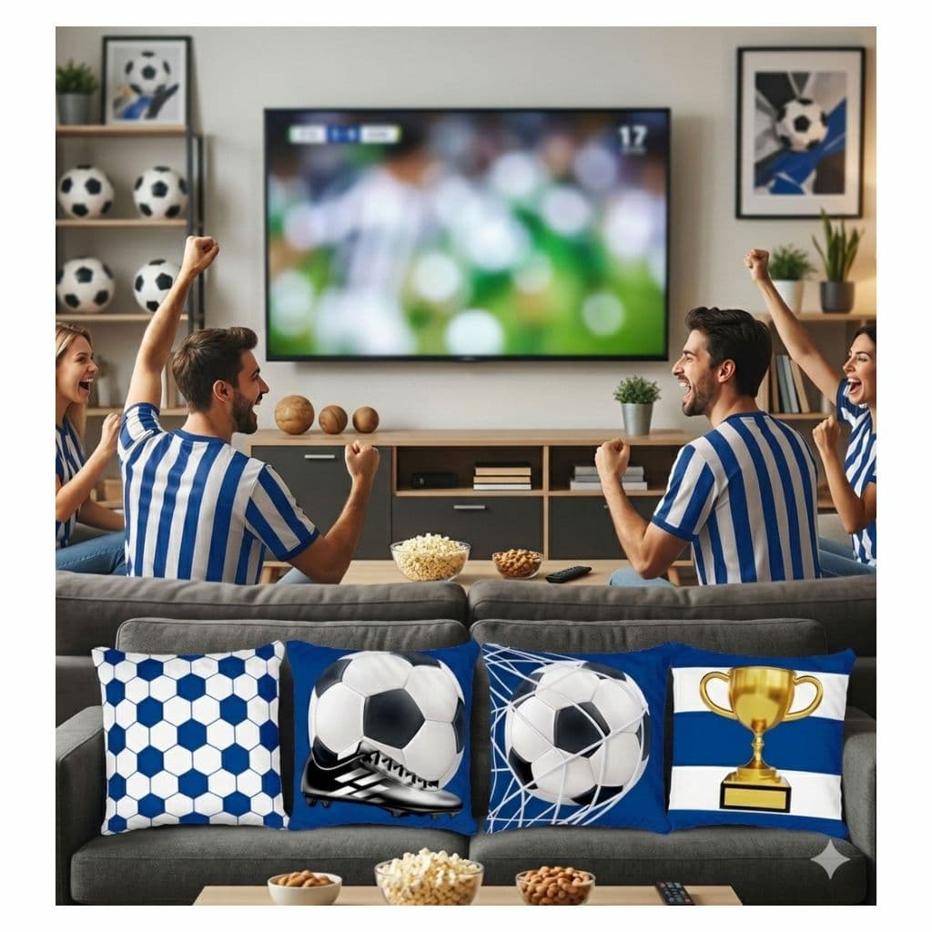 Decor Kit 4 Capas De Almofadas Azul Futebol Bola e Rede Seu Time do Coração