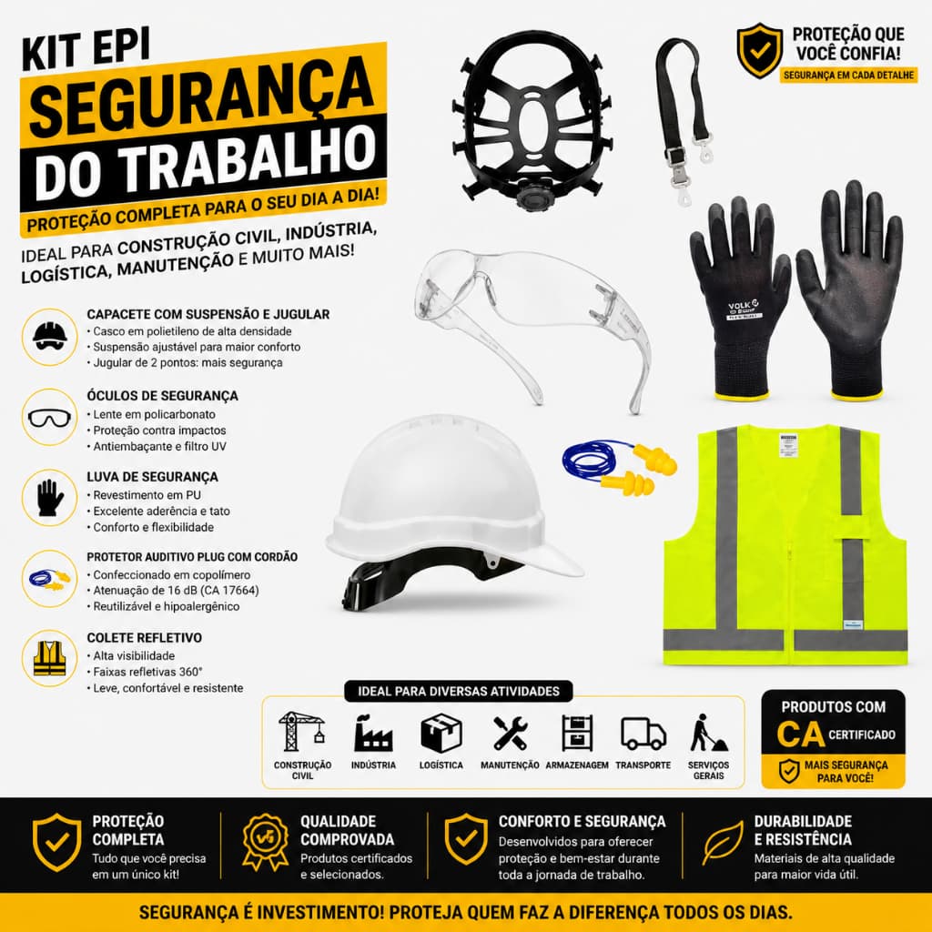 Kit EPI Segurança do Trabalho Óculos Luva Protetor Auditivo Colete e Capacete C/ Jugular e Suspensão