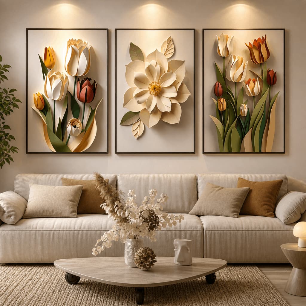 Kit 3 Quadros Decorativos Flores Tulipas 3D Bege Sala Quarto MDF