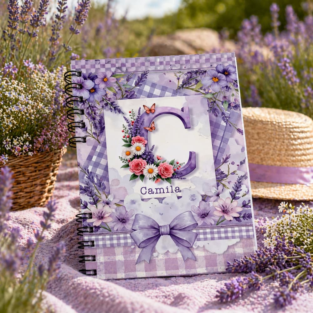Caderno A5 floral personalizado com nome do comprador, inicial, letra, presente, agenda, 200 páginas