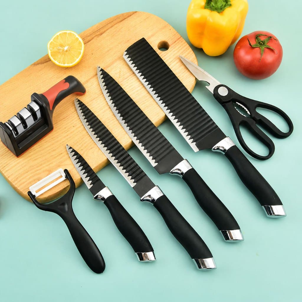 Kit Combo Facas de Cozinha 6 Peças + Afiador Profissional 3 Estágios Inox