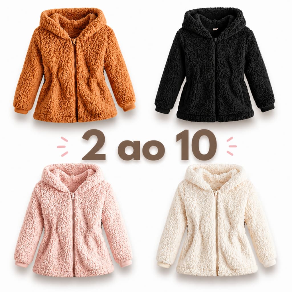 Blusa Infantil Sherpa com Zíper e Touca Casaco Inverno  2 a 10 Anos