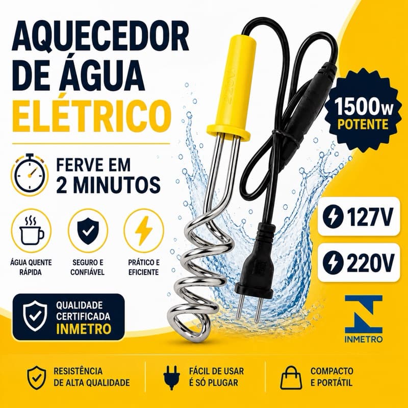 Aquecedor de Água Elétrico 1500W Imersão Ferve em 2 Minutos Ebulidor Portátil 127v/220v