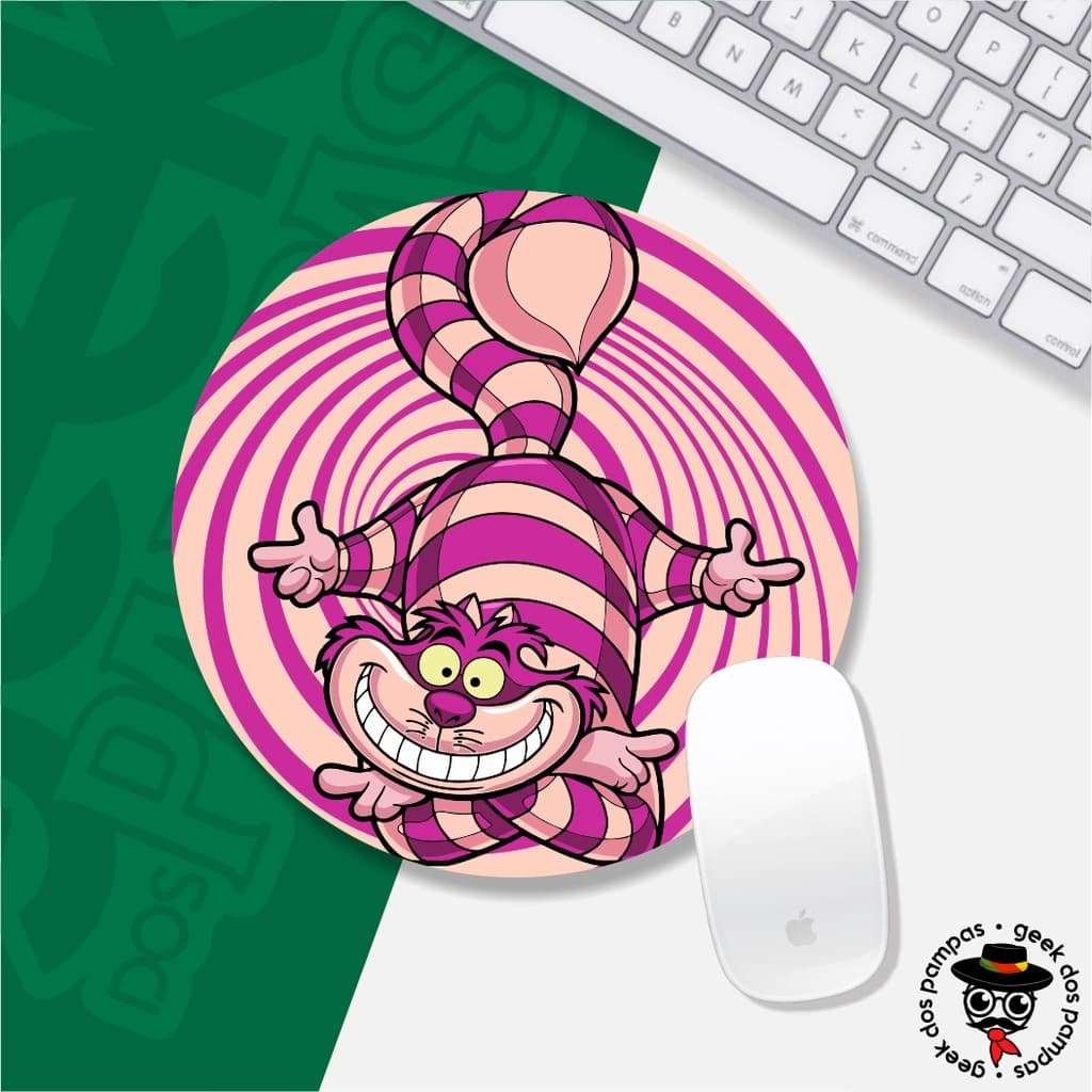 mouse pad antiderrapante redondo gato Cheshire gato risonho da alice borda costurada