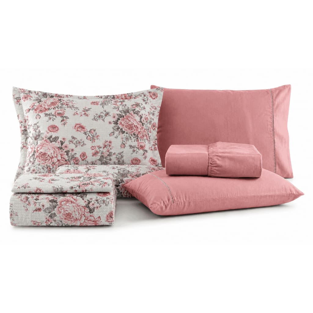 Kit Cobre Leito Queen Piquet Luxo 6 Peças Colcha Estampada Algodão