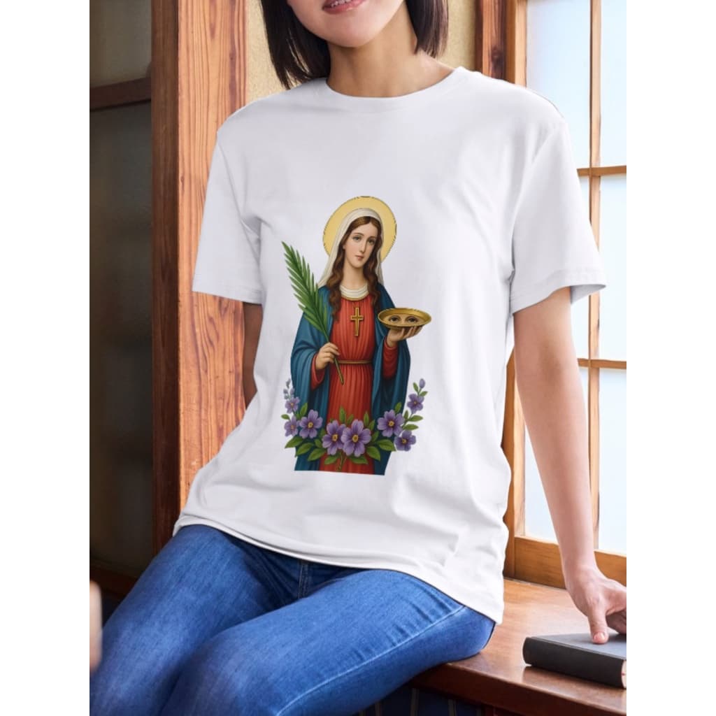 Camiseta Católica Santa Luzia Unissex em Malha 100% Algodão - Lançamento