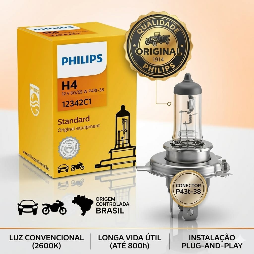 Lâmpada Farol H4 Philips ORIGINAL Standard 60/55w 12v 12342c1