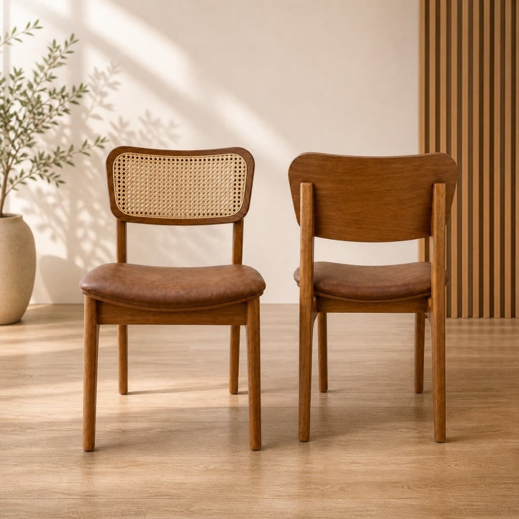 Kit com 2 cadeiras em madeira maciça sala de jantar eucalipto courino encosto rattan luxo casa