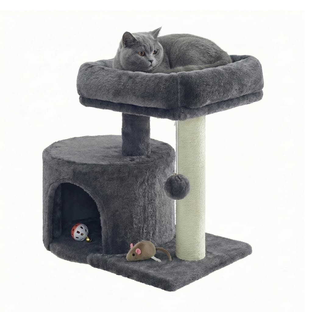 SONGMICS Arranhador para Gatos com Poste de Sisal, Casa de Gato, Móvel para Sala, Estável, Cinza