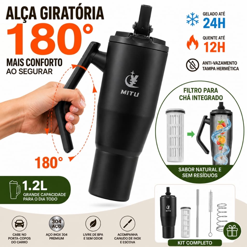 Garrafa Térmica 1.2L com Alça Giratória -Multifuncional Copo Térmico Inox Portátil+ | C/ Canudo & Tampa