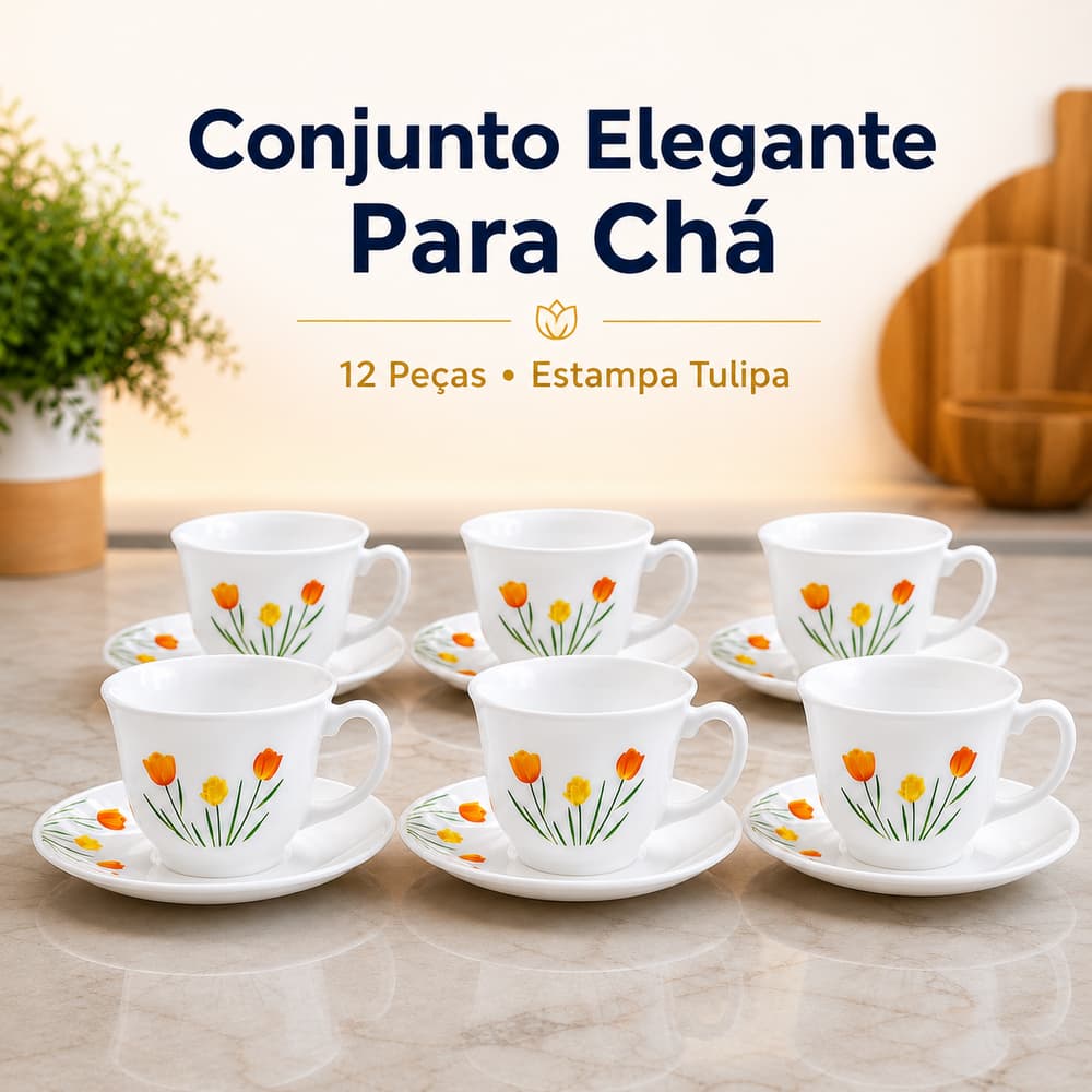 Conjunto Xícara de Chá, Café, 12 Peças, Kit Elegante com Pires, Mesa Posta, Jogo de Xícara, Tulipa