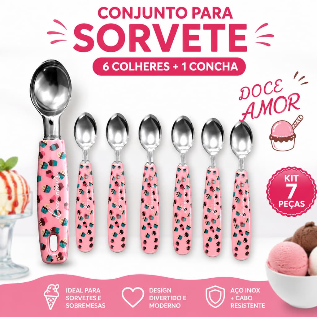 Conjunto Sorvete 7 Peças Inox 6 Colheres + Concha Doce Amor Cabo Resistente Utensílios SobremesaJogo Sorvete Inox 7 Peça