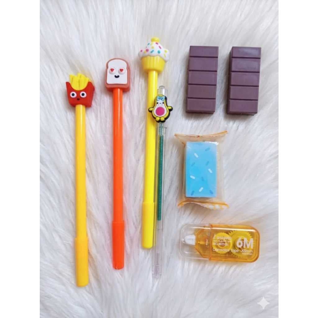 Kit Papelaria Fofa Docinhos e Snacks | Canetas Divertidas Chocolate Cupcake Batata Frita | Kit Escolar Kawaii