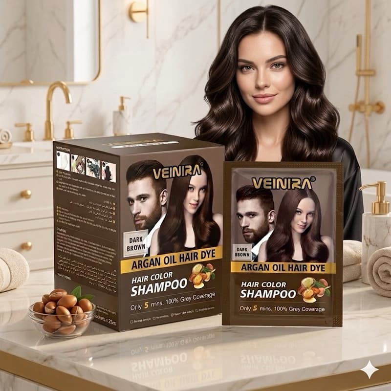 Shampoo Tonalizante Veinira – Cor Intensa para Cabelo e Barba (Preto ou Castanho) – Caixa 10 Sachês