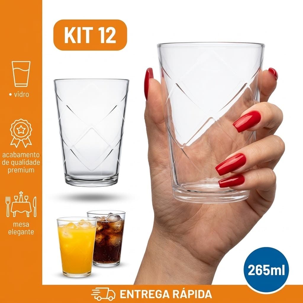 Kit Jogo de 12 Copos Nadir Figueiredo Maracatu 265ml Transparente Lanchonete Drink e Cozinha Resistente
