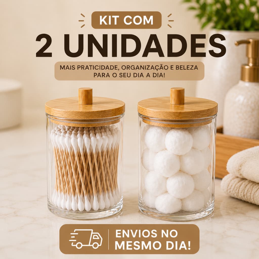 Porta Algodão Cotonete Acrilico Maquiagem Tampa Bambu Organizador Multiuso  kit com 2 Unidades