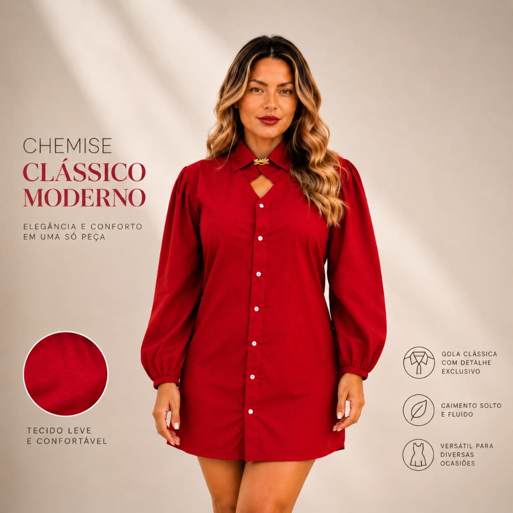 Vestido Chamise feminino com manga longa elegante com decote