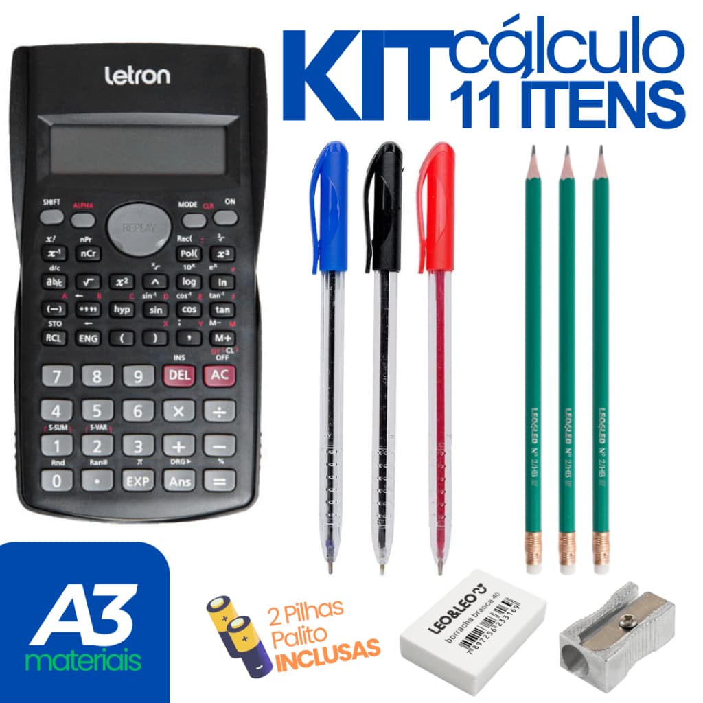 Kit C/11 Itens: Calculadora Científica 240 Funções + 3 Canetas + 3 Lápis + 1 Borracha + 1 Apontador