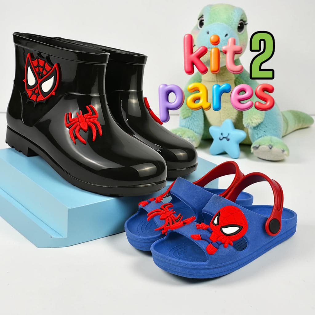 Kit 2 Pares Papete + Galocha Leve Confortável Spider Dino Personagens