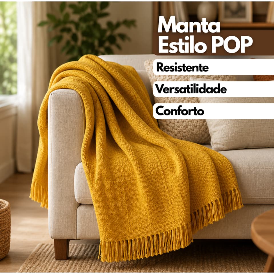 Manta Decorativa Pop Gigante 2,10x1,20m para Sofá e Cama com Franja Peseira Várias Cores