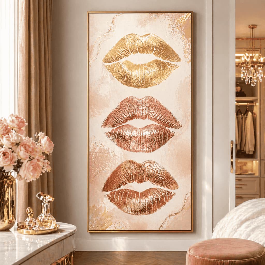 Quadro Boca Glam Lips Dourado Rose Gold Decorativo Quarto Feminino Salão Beleza Luxo