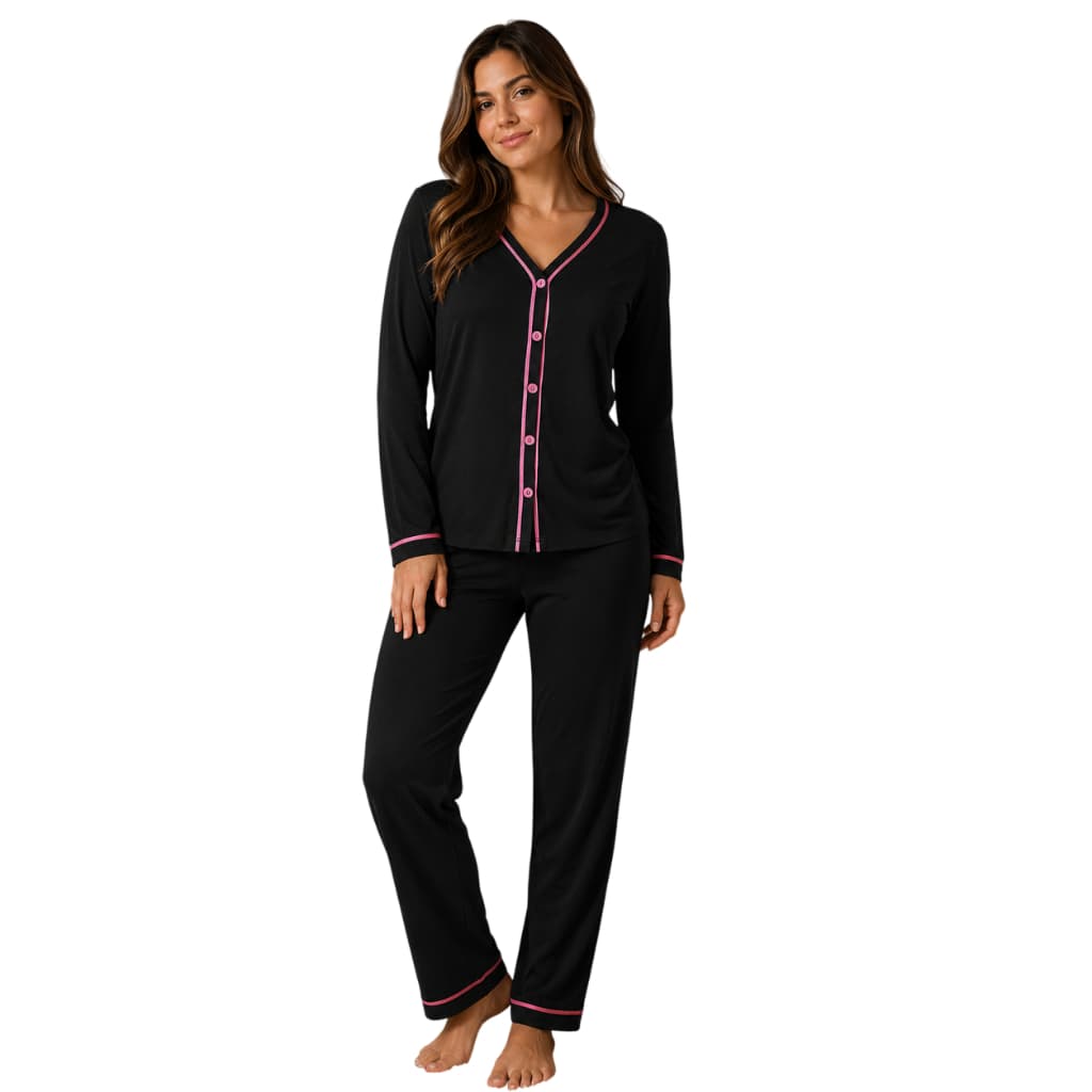Pijama Americano Longo Botão Blogueira Manga Calça Comprida Chique Traje Dormir Amamentação
